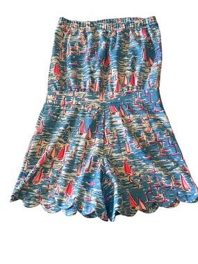 Lilly Pulitzer Strapless Sailboat Romper Blue Pink Scallop Hem Size Small